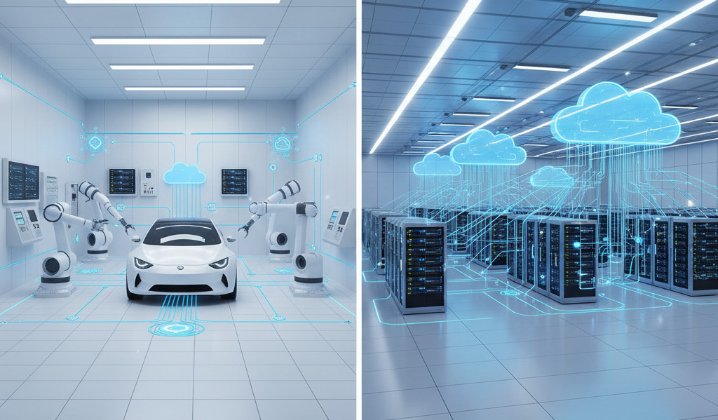 Split image illustrating Edge Computing and Cloud Computing at Voltekko's. On the left, an autonomous car and factory robots represent Edge Computing with local processing. On the right, a large data center with cloud icons symbolizes Cloud Computing and remote access. Blue digital data flow lines connect the elements.