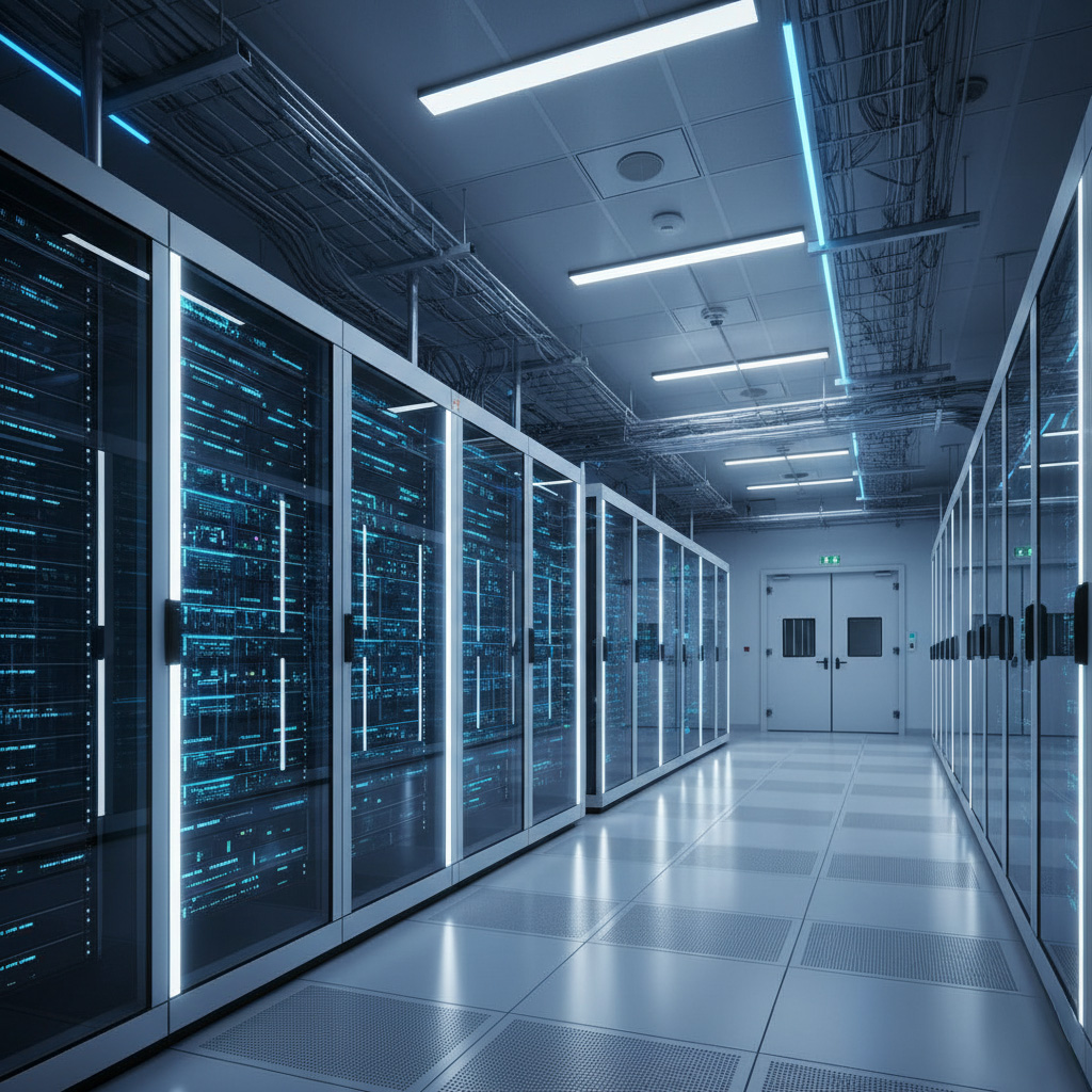 Wide-angle view of a modern high-tech server room with glass-front black racks, blue and white LED lighting, and a clean, futuristic layout in a VOLTEKKO datacenter