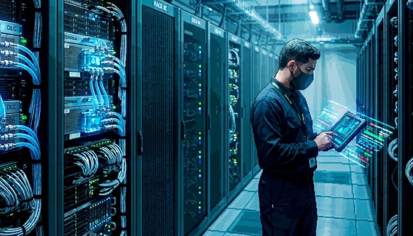 Salle serveurs Voltekko avec refroidissement liquide direct (DLC) natif — datacenter souverain français PUE 1,2 pour l'inférence IA